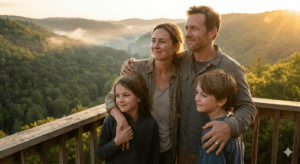 A family looks hopefully toward a restored Earth