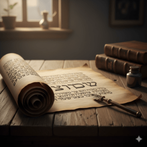 Antike hebräische Schriftrolle auf einem Holztisch mit Federkiel – Symbol für die Erforschung der biblischen Namen Jesus und Jehova.