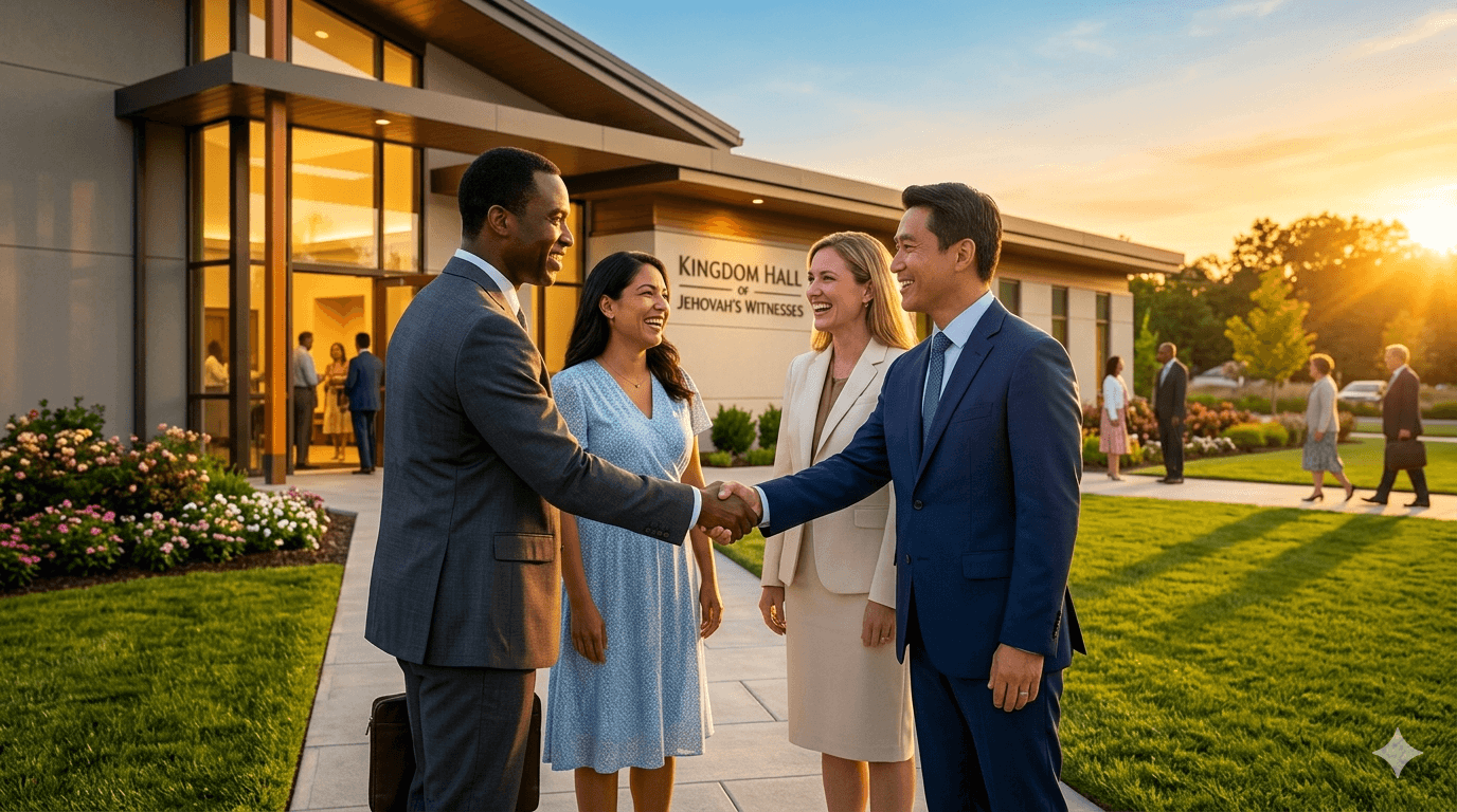 Friendly greeting in front of the Kingdom Hall of Jehovah's Witnesses shortly before the Memorial of Jesus Christ death